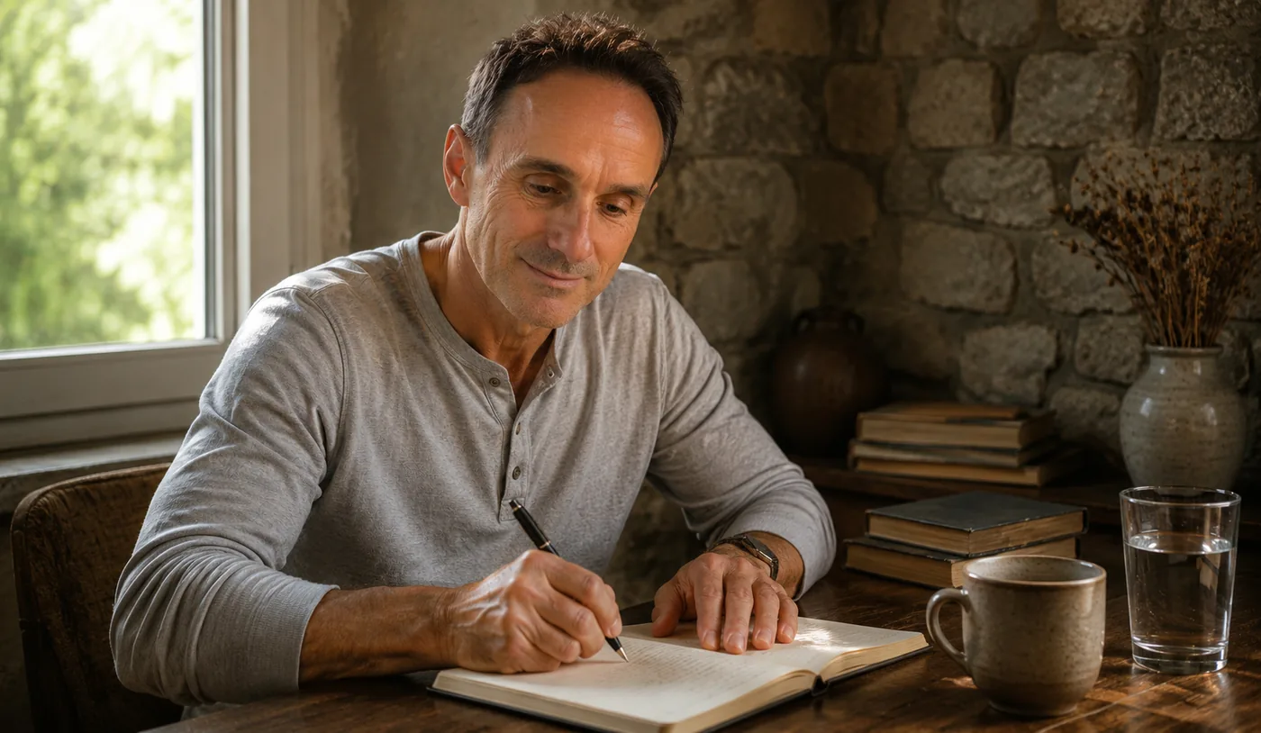 Marco Bianco piše za stolom