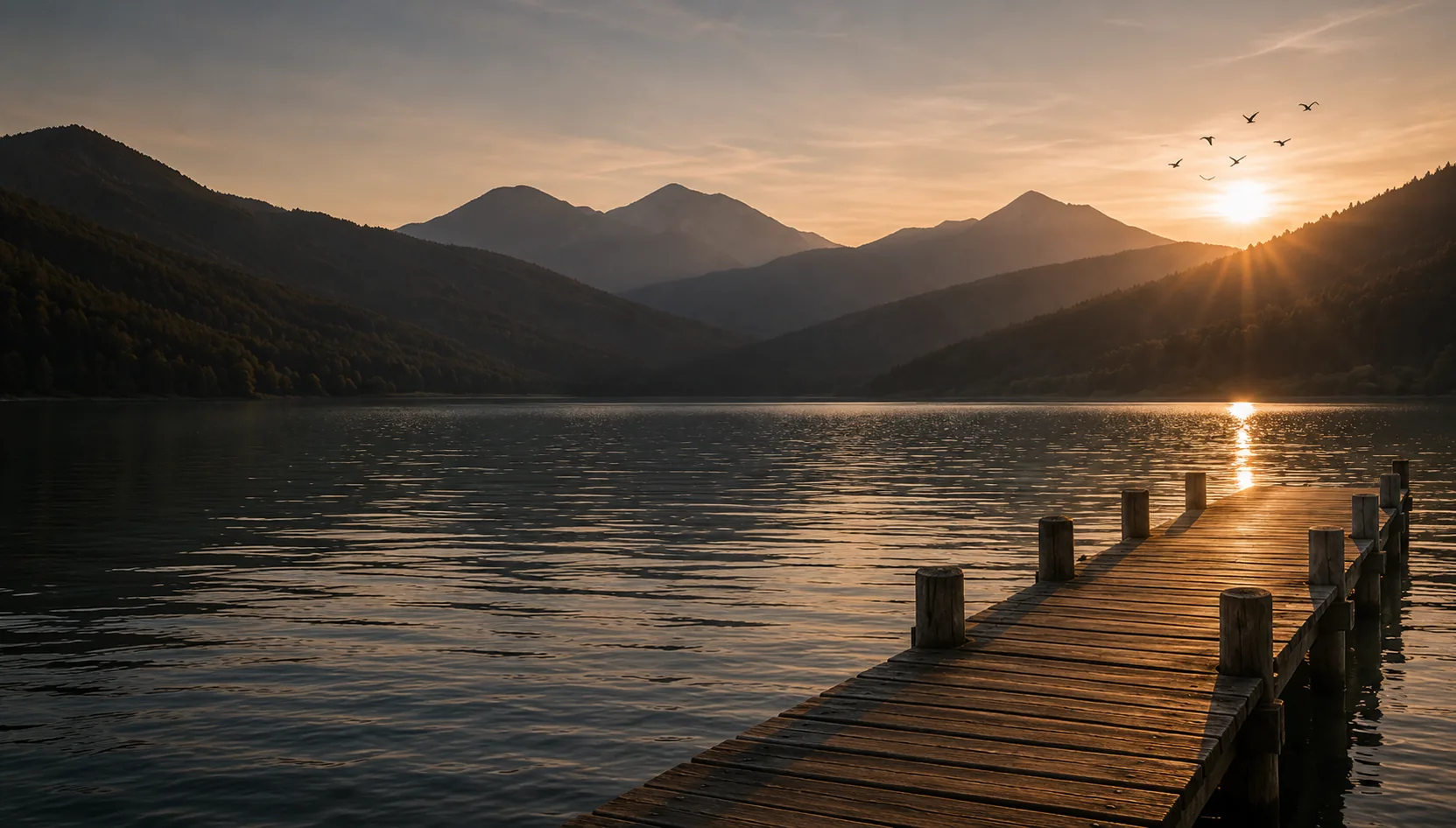 Jezero, planine i drveni mol u svjetlu zalaska sunca
